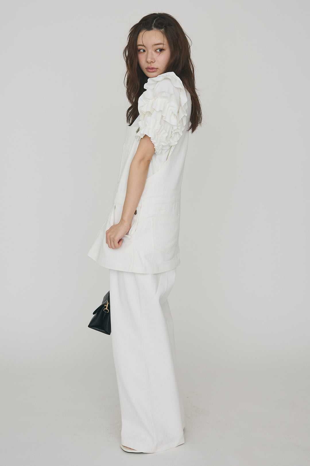 [予約/SET]フリルスリーブプルオーバーブラウス+エプロンデニムサロペ(2set)