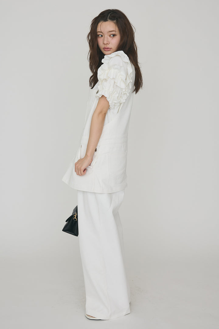 [予約/SET]フリルスリーブプルオーバーブラウス+エプロンデニムサロペ(2set)