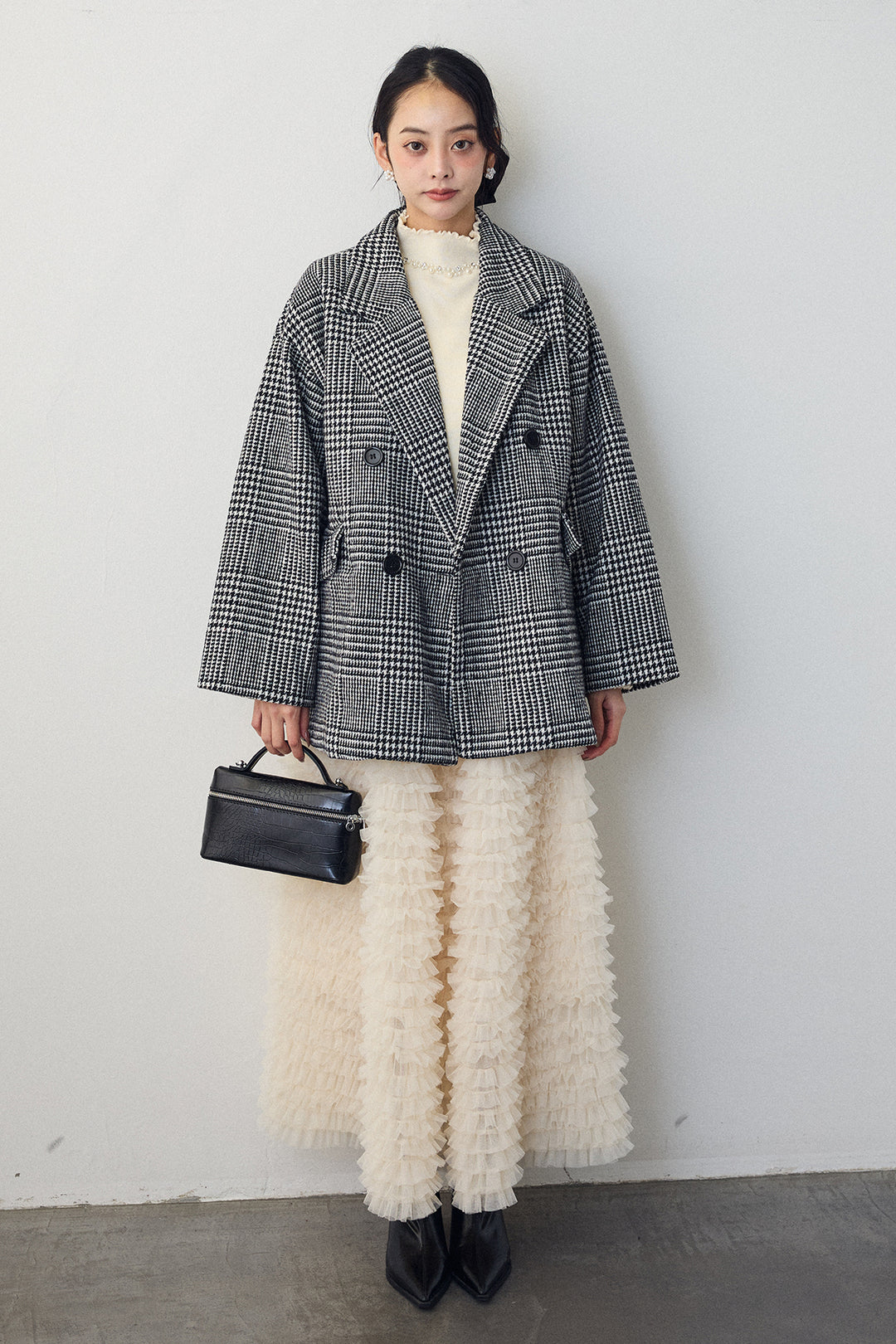 [予約/SET]チェック柄ボクシーコート+ホイップチュールティアードスカート(2set)