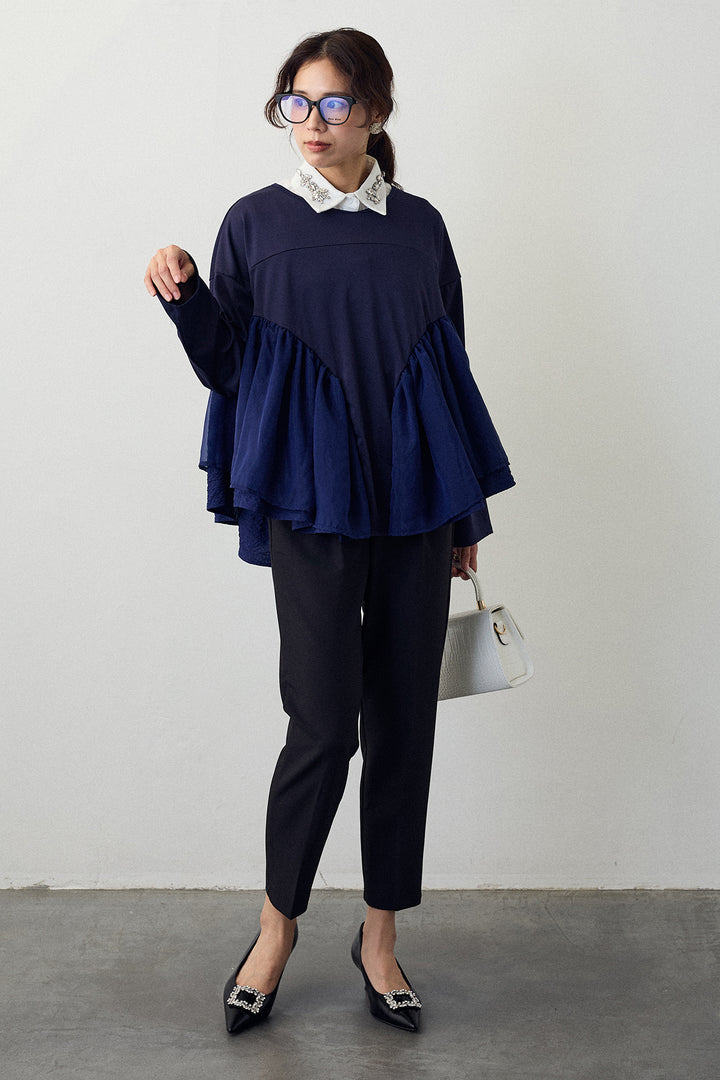 [予約/SET]ビジュー付け襟+フリルテール異素材切替チュニック(2set)