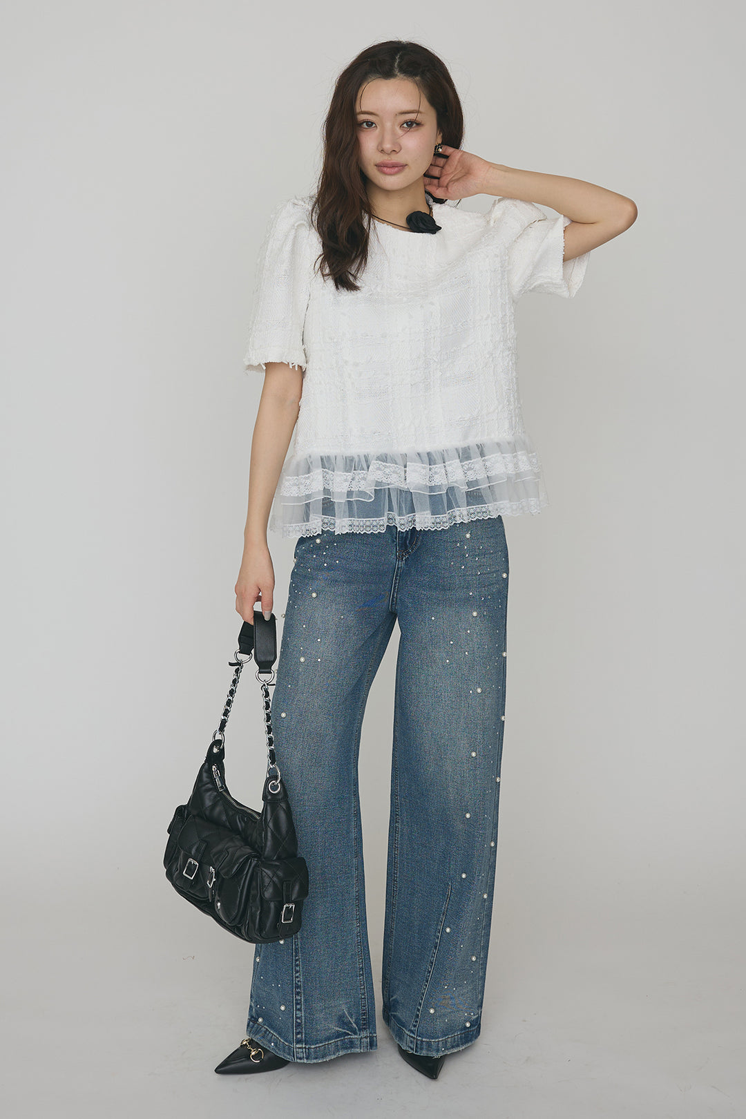 [予約/SET]サマーツイード異素材ドッキングトップス+パールラインストーンハイウエストデニム(2set)