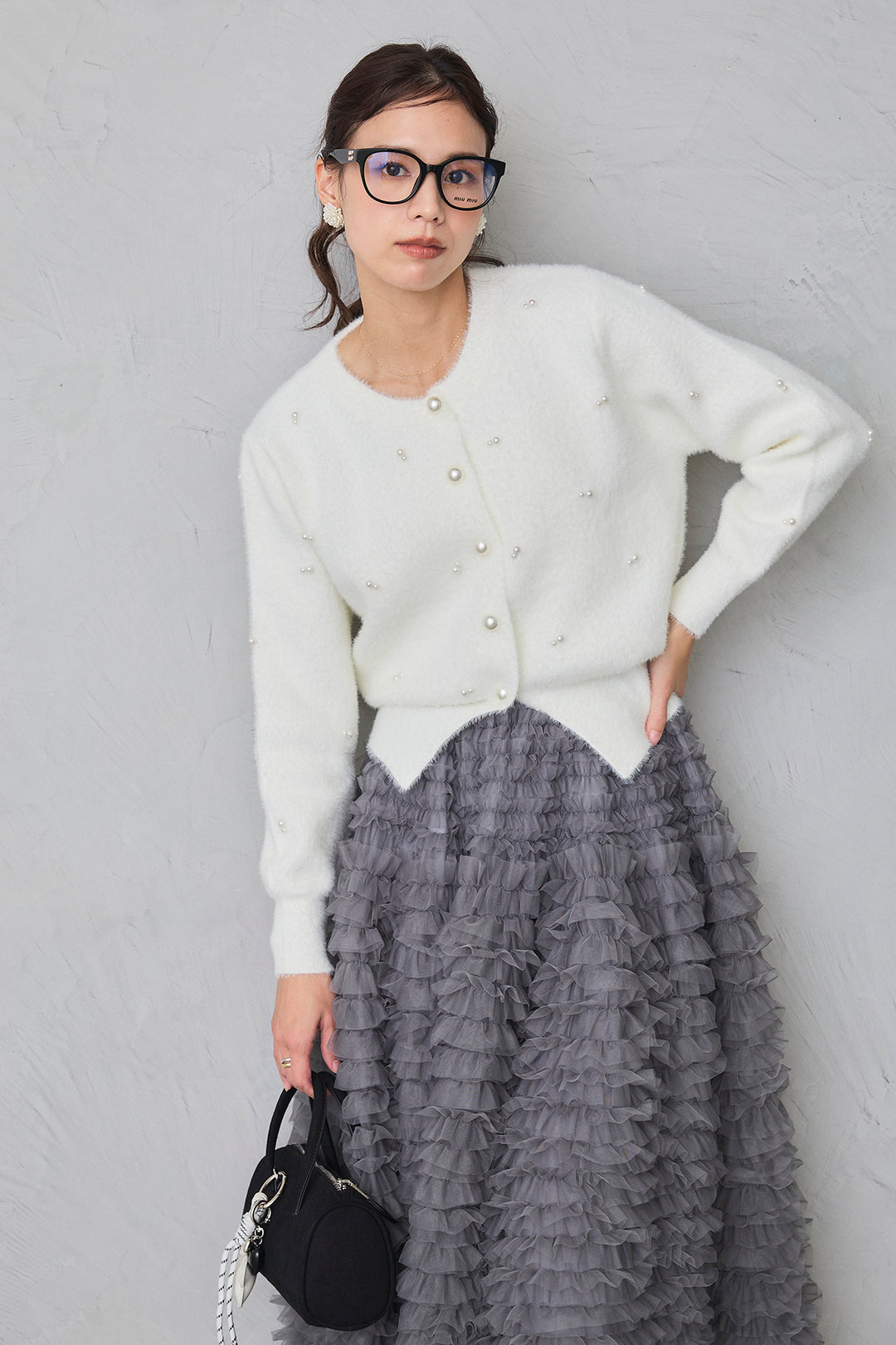 [予約/SET]ミックスパールシャギーコーディガン+ホイップチュールティアードスカート(2set)