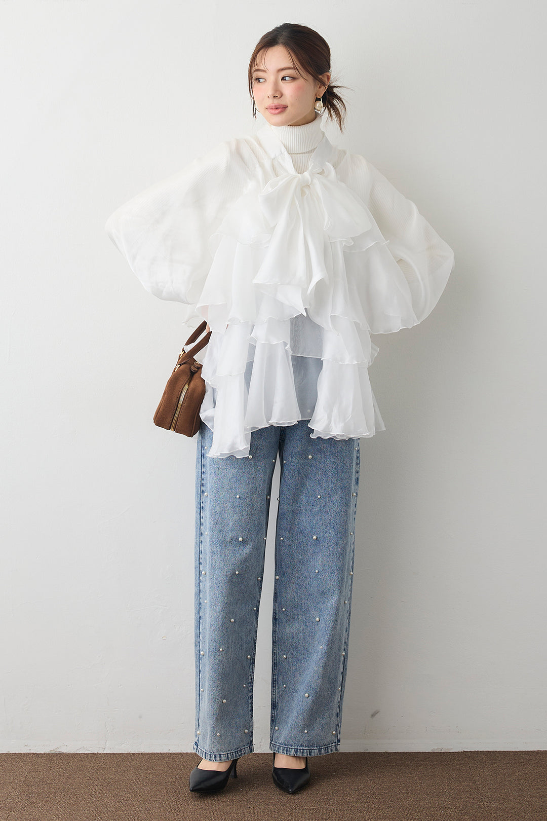 [予約/SET]フロントBIGリボンティアードエアリーチュニック+パールスタッズストレートハイウエストデニム(2set)