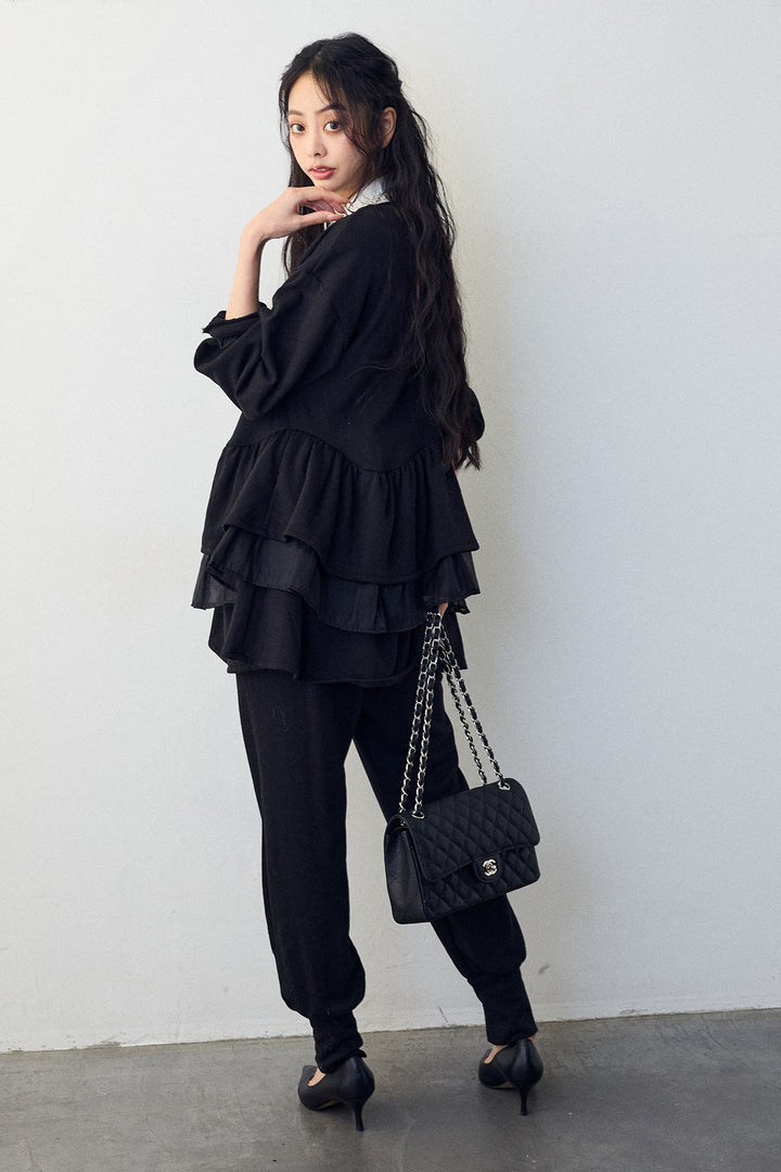 [予約/SET]2連パール付け襟+異素材ミックスフリルティアードスウェットPO+ライトスウェット美ラインジョガーパンツ(3set)