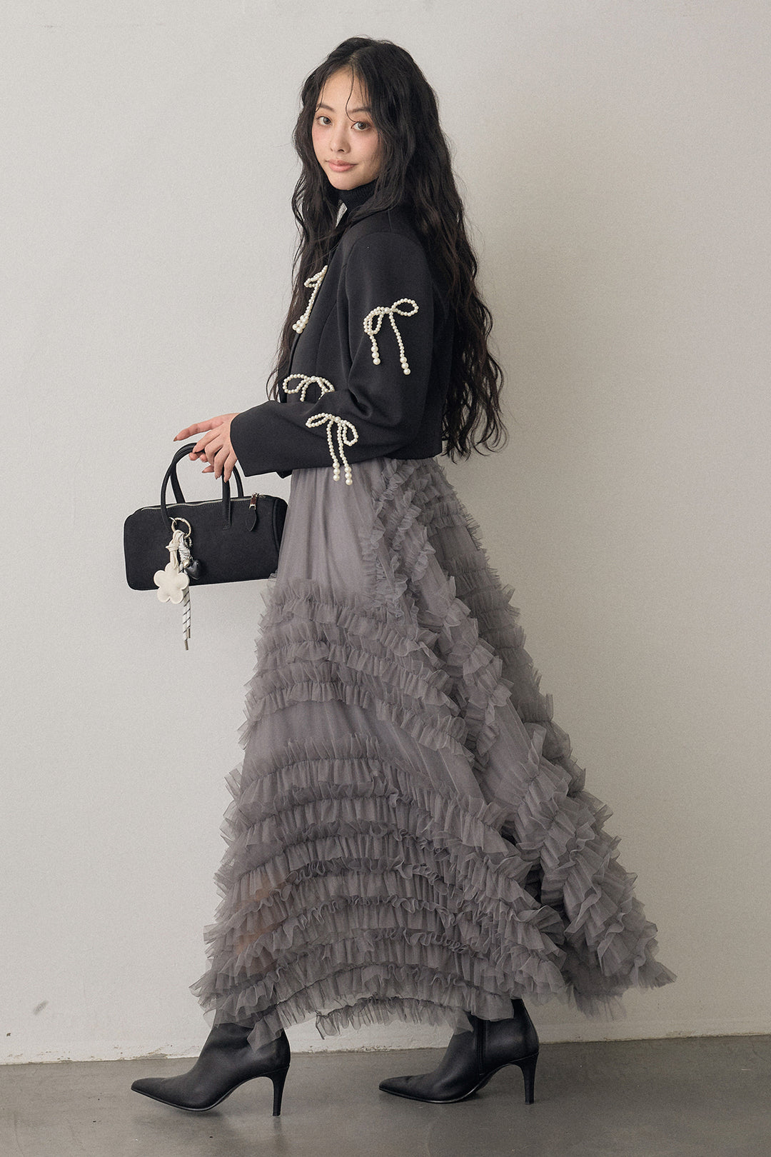 [予約/SET]ベーシックリブタートルニット+パールリボンクロップドジャケット+スフレアシメチュールスカート(3set)