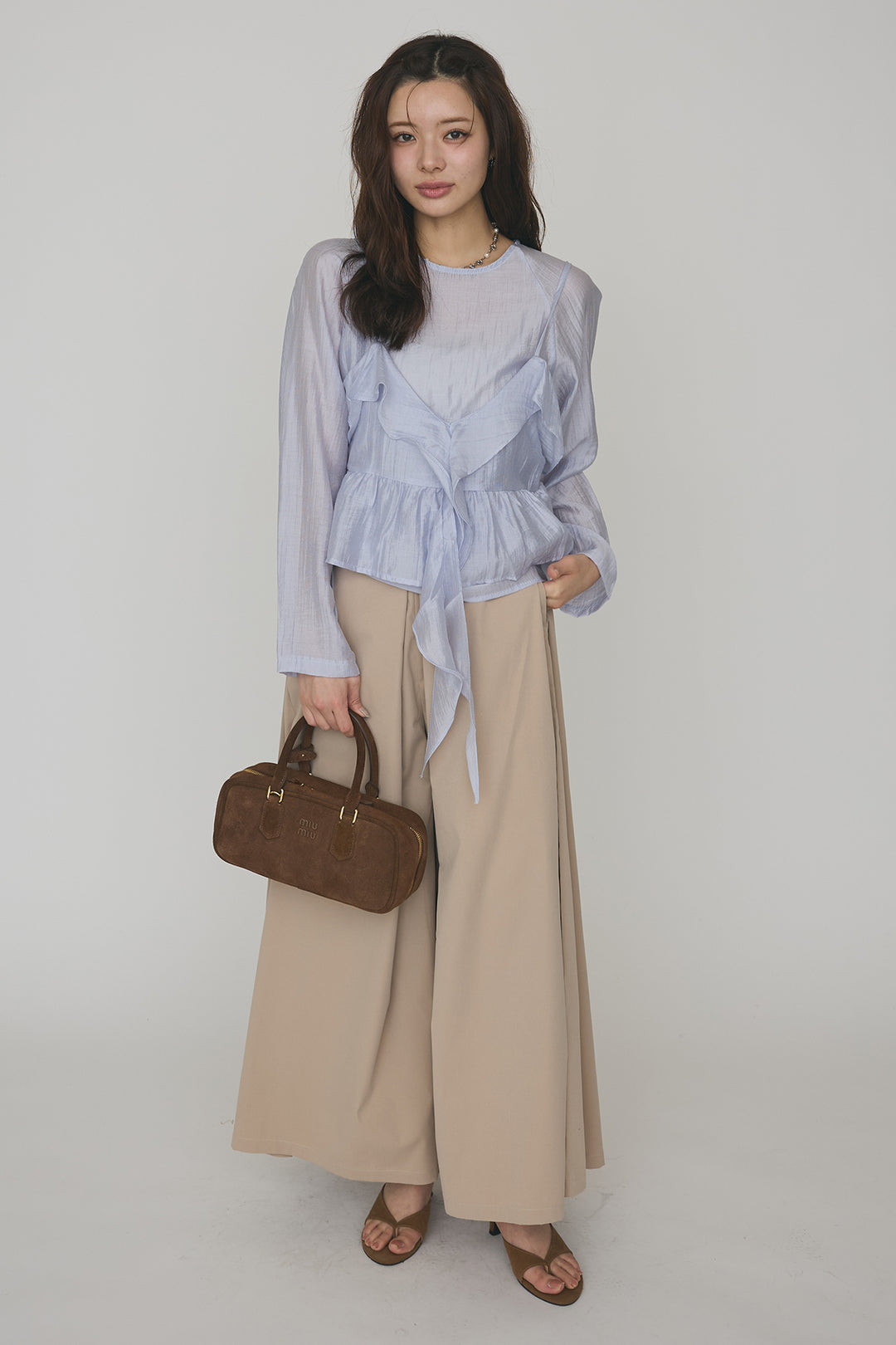 [予約/SET]ドレープフリルシアーレーヤードトップス+フロントサイドタックワイドパンツ(2set)