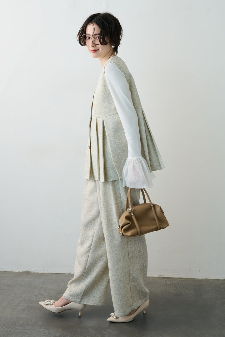 [予約/SET]チュールシアーカフスリブニット+サマーツイードボックスプリーツベスト+サマーツイードウエストラインタックパンツ(3set)
