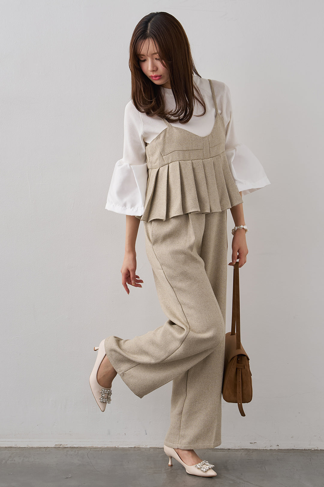 [予約/SET]タックフレア異素材ドッキングニットPO+プリーツビスチェオールインワン(2set)