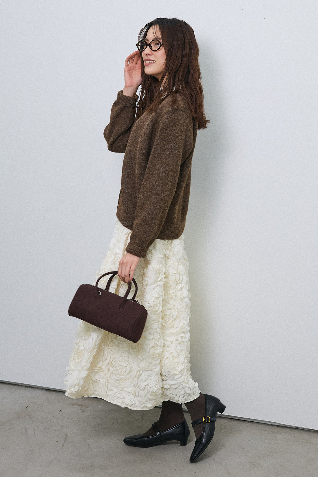 [予約/SET]配色レイヤードニットカーデ+ローズフラワー立体フレアスカート(2set)