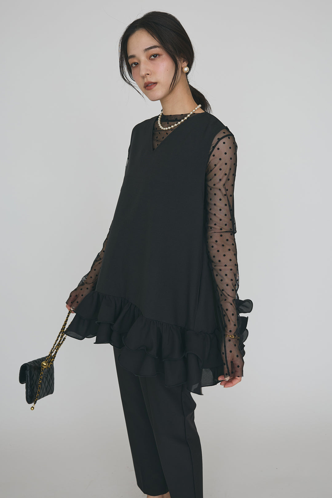 [予約/SET]異素材フリルヘムVネックチュニック+タックテーパードパンツ(2set)