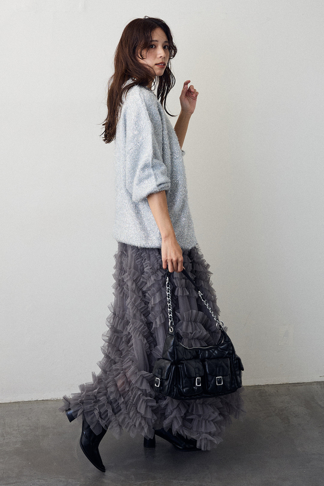 [予約/SET]グリッターラメニット+スフレアシメチュールスカート(2set)