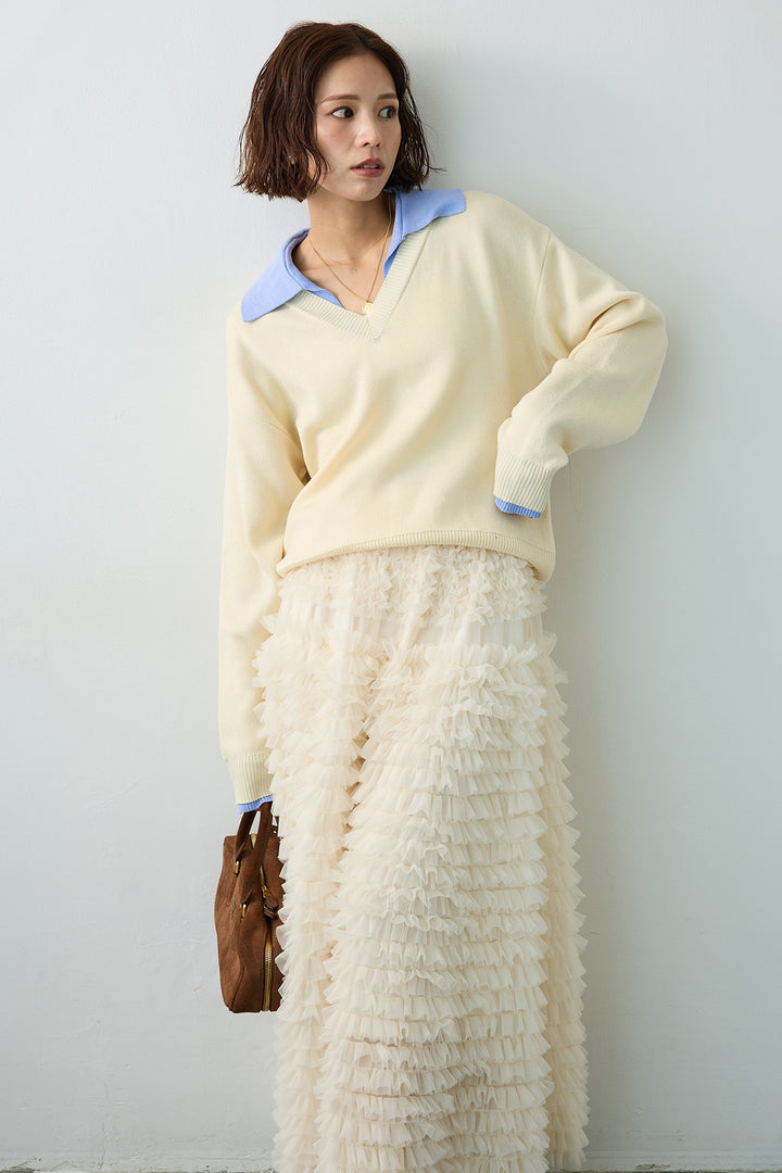 [予約/SET]配色襟レイヤード風ニット+ホイップチュールティアードスカート(2set)