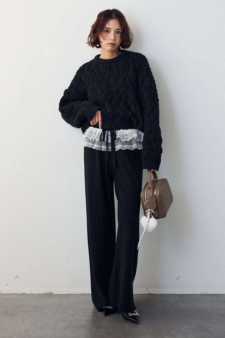 [予約/SET]ニュアンスケーブルクロップドニット+ウエストレースニットストレートパンツ(2set)