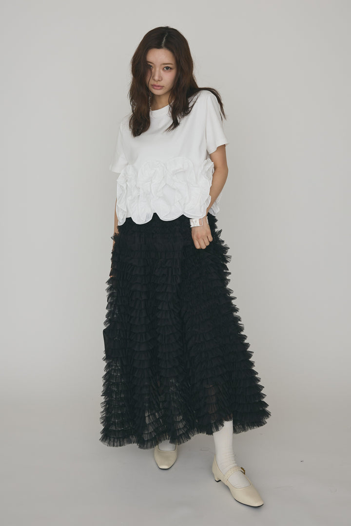 [予約/SET]フリルウェーブヘムカットTシャツ+ホイップチュールティアードスカート(2set)