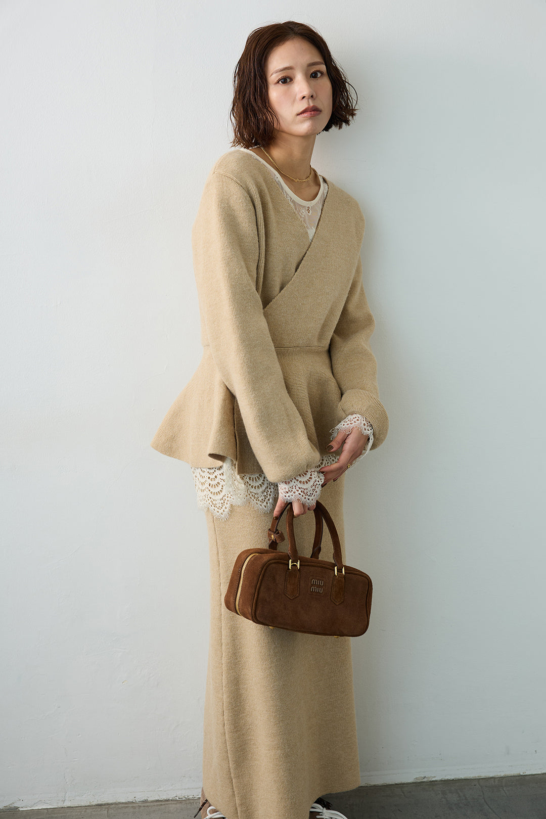 [予約/SET]ファインレーストップス+カシュクールフレアニットスカートセットアップ(2set)