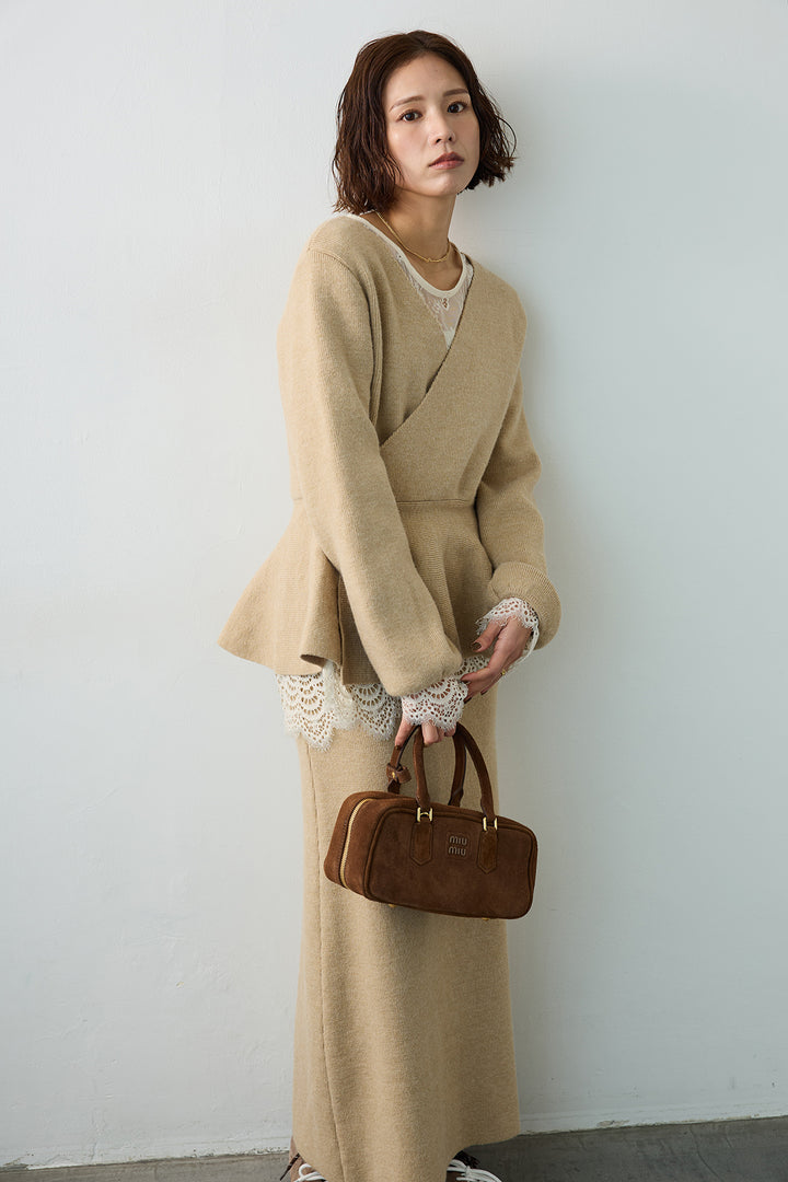 [予約/SET]ファインレーストップス+カシュクールフレアニットスカートセットアップ(2set)