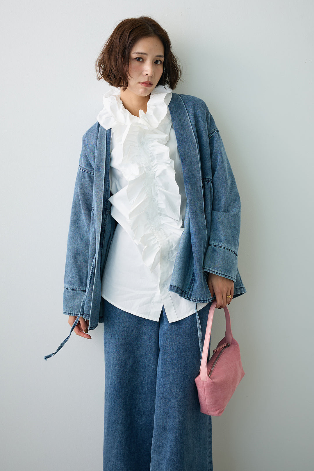[予約/SET]ブルームカラーフリルブラウス+ノーカラーデニムルーズセットアップ(2set)
