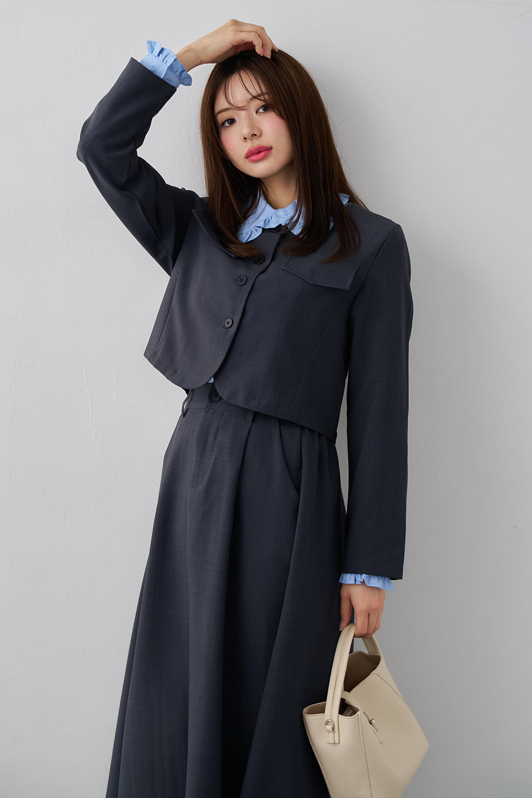 [予約/SET]ミニフリル襟ボリュームスリーブブラウス+ノーカラークロップドジャケットスカートセット(2set)