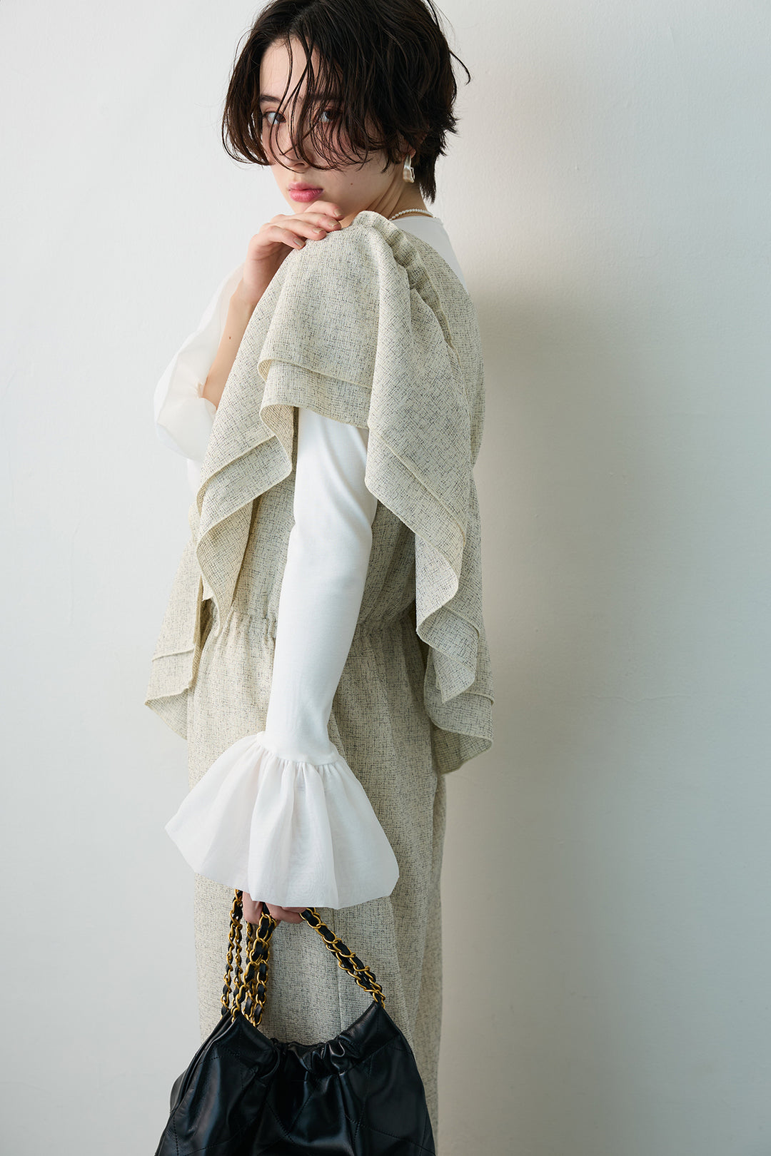 [予約/SET]サイドギャザーフレアチュールカフストップス+サマーツイードマルチウェイロンパース(2set)