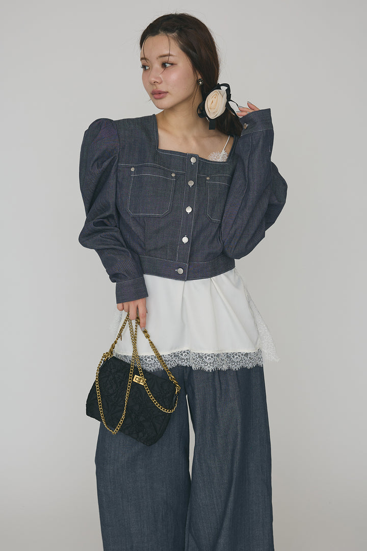 [予約/SET]ステッチパフスリーブクロップドジャケット+ステッチデザインハイウエストデニムパンツ(2set)