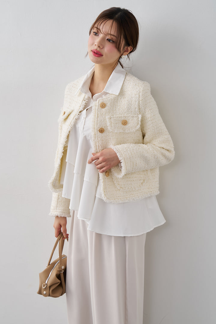 [予約/SET]フリンジツイードゴールドボタンジャケット+エステルツイルタックワイドカラーパンツ(2set)