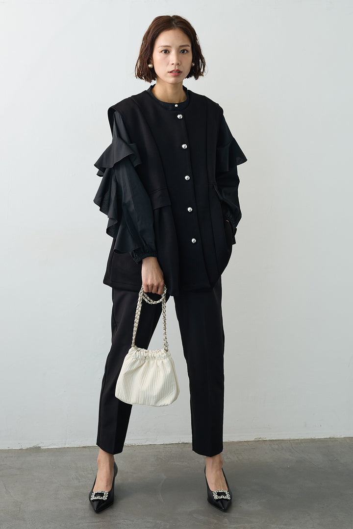 [予約/SET]ティアードフリルスリーブパールボタンブラウス+ペプラムラインシルバーボタンジレ(2set)