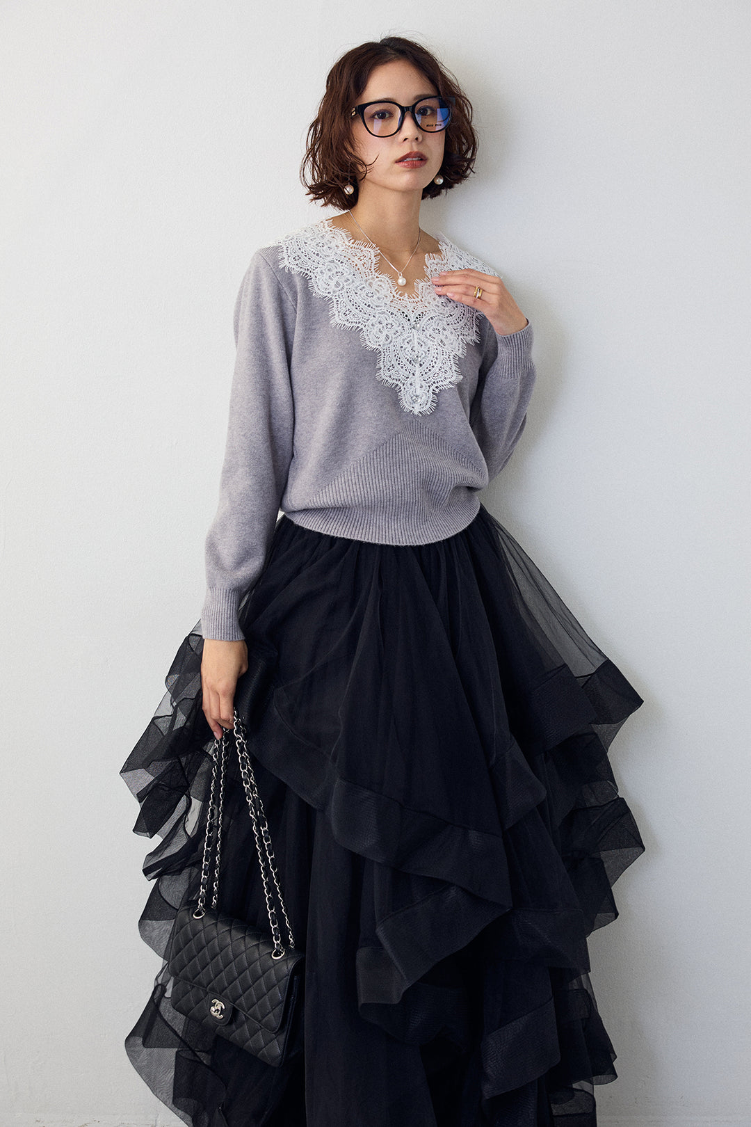 [予約/SET]Vレースデザインニットプルオーバー+ランダムフリルティアードボリュームスカート(2set)