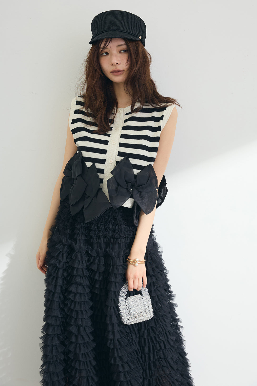 [予約]ヘムオーガンジーリボンスリーブレスニット