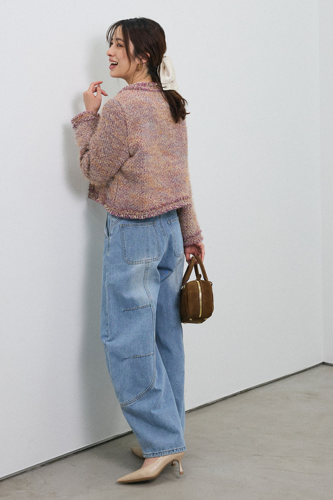 [予約/SET]カラーミックスツイードジャケット+ステッチ美ラインカーブデニムパンツ(2set)