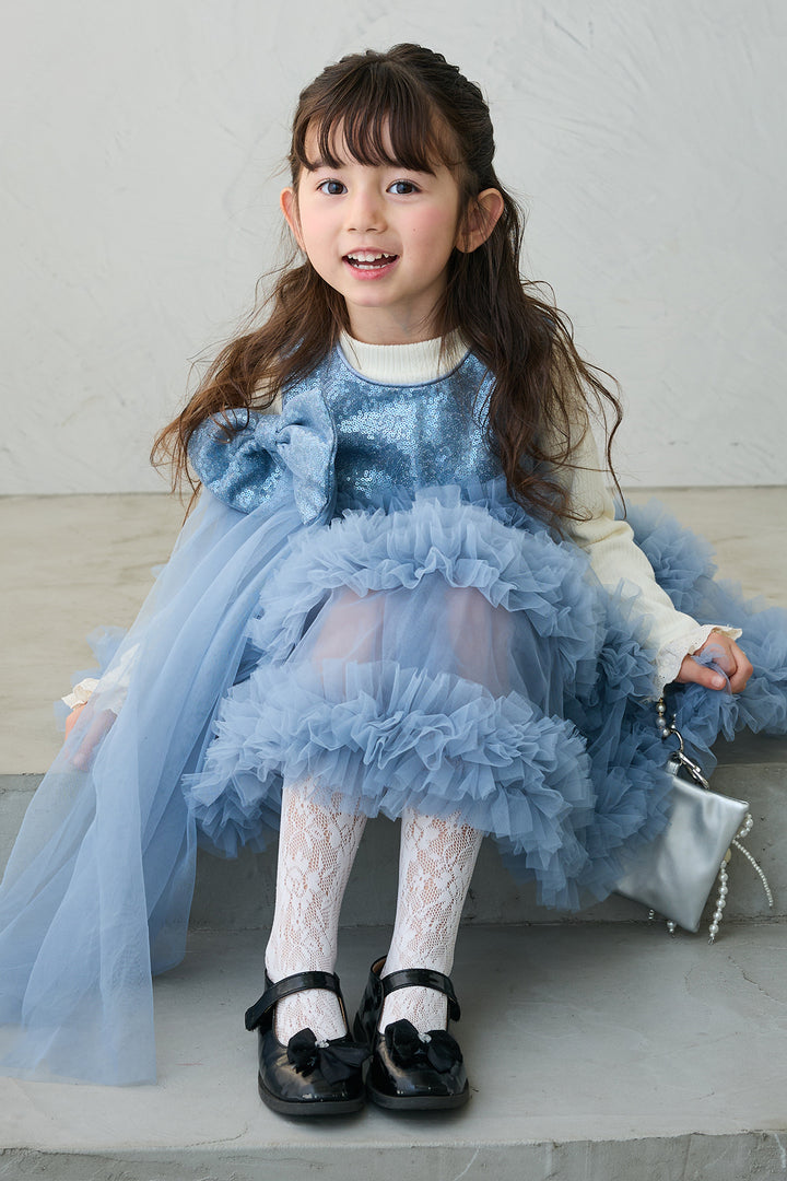 [予約/親子SET][kids]スパンコールリボンホイップチュールワンピセット+フリルヘムスリーブブラウス+クロップドマニッシュシンプルジャケット+ツイルシンプルストレートパンツ(4set)