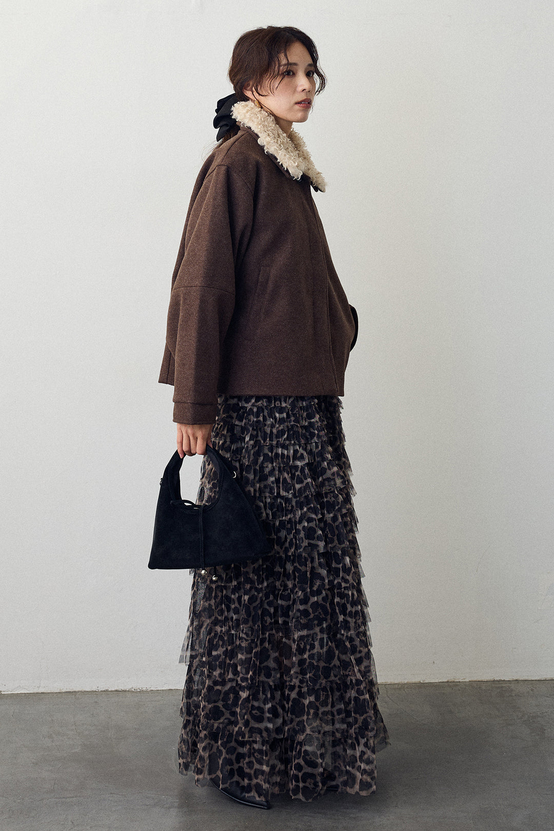 [予約/SET]プードル襟2wayコート+レオパードチュールティアードスカート(2set)