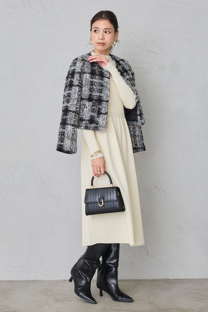 [予約/SET]ツイードチェッククロップドジャケット+リブセミフレアニットワンピース(2set)