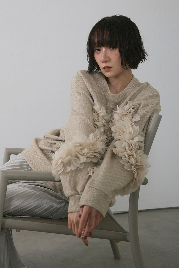 [予約/SET]フラワーモチーフ×ビジューデザインニット+シャイニープリーツサテンスカート(2set)
