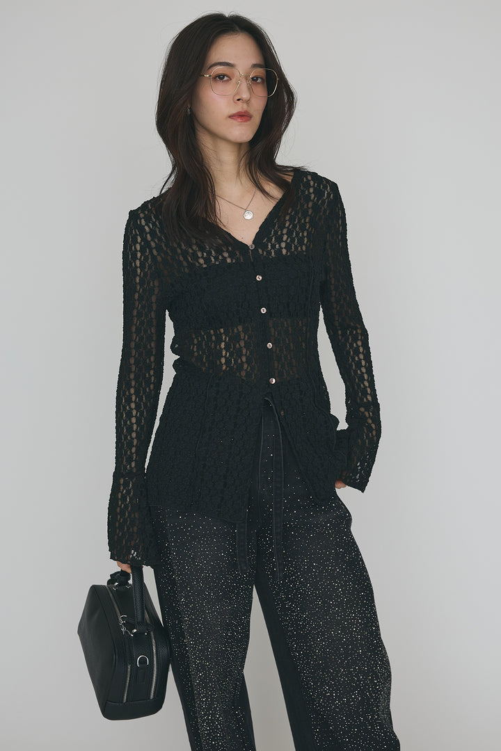 [予約/SET]カットレースフラワーVネックカーデ+ラインストーン美ラインデニム(2set)