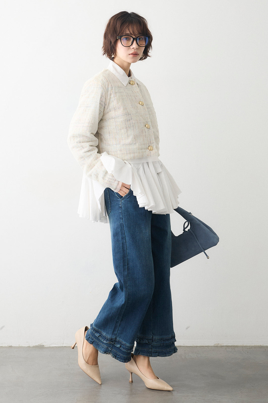 [予約/SET]パネルフレアヘムシャツ+ツイード×チュールレイヤードクロップドジャケット(2set)