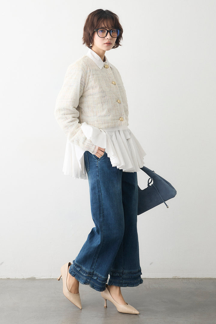 [予約/SET]パネルフレアヘムシャツ+ツイード×チュールレイヤードクロップドジャケット(2set)