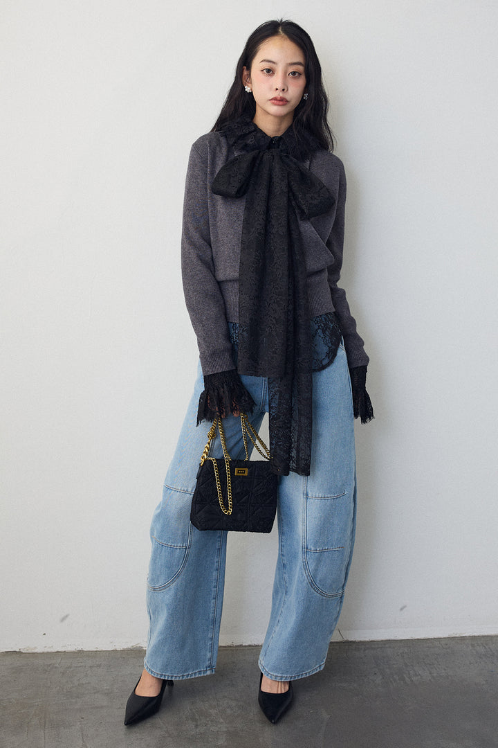 [予約/SET]クラシカルレースボウタイブラウス+カシュクールデザインニット(2set)