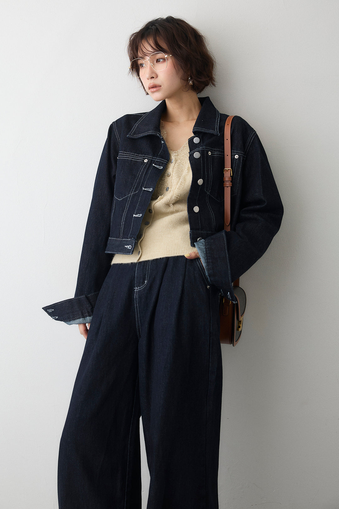 [予約/SET]レースVラインボタンニット+クロップドデニムセットアップ(2set)