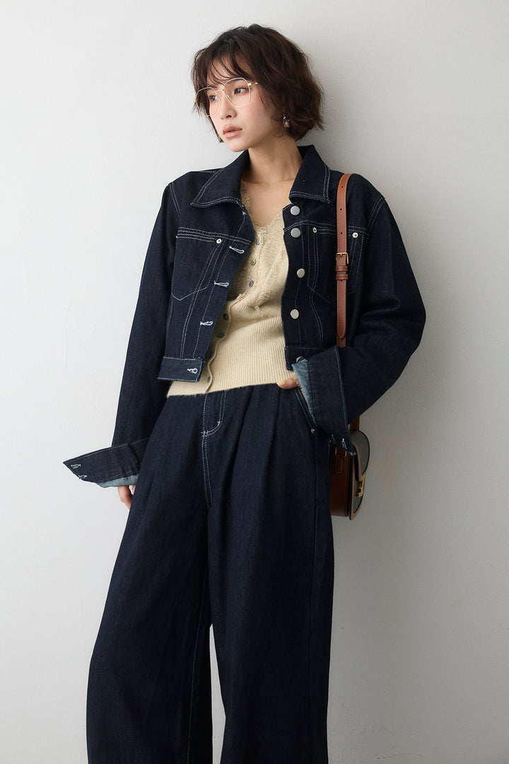 [予約/SET]レースVラインボタンニット+クロップドデニムセットアップ(2set)