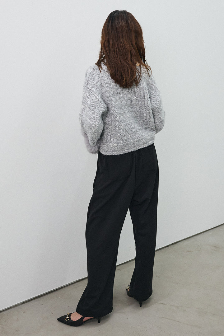 [予約/SET]ネックビジューラインファーニットカーデ+2タック美シルエットパンツ(2set)