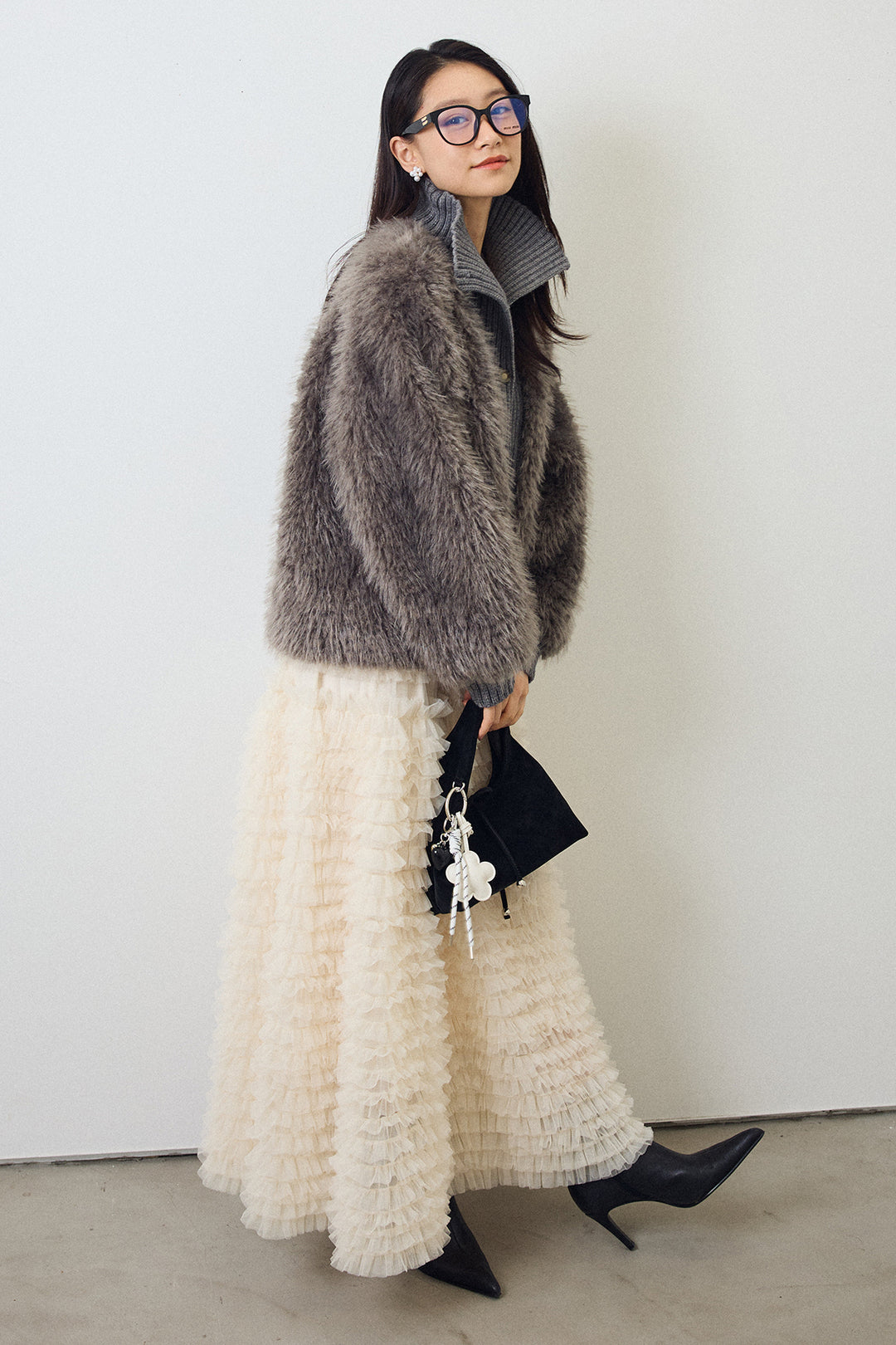 [予約/SET]シャギーファー×リブニットミックスジャケット+ホイップチュールティアードスカート(2set)