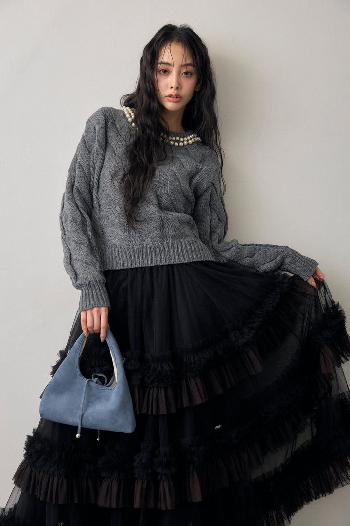 [予約/SET]ネックパールケーブル編みニット+配色フリルティアードロマンティックスカート(2set)