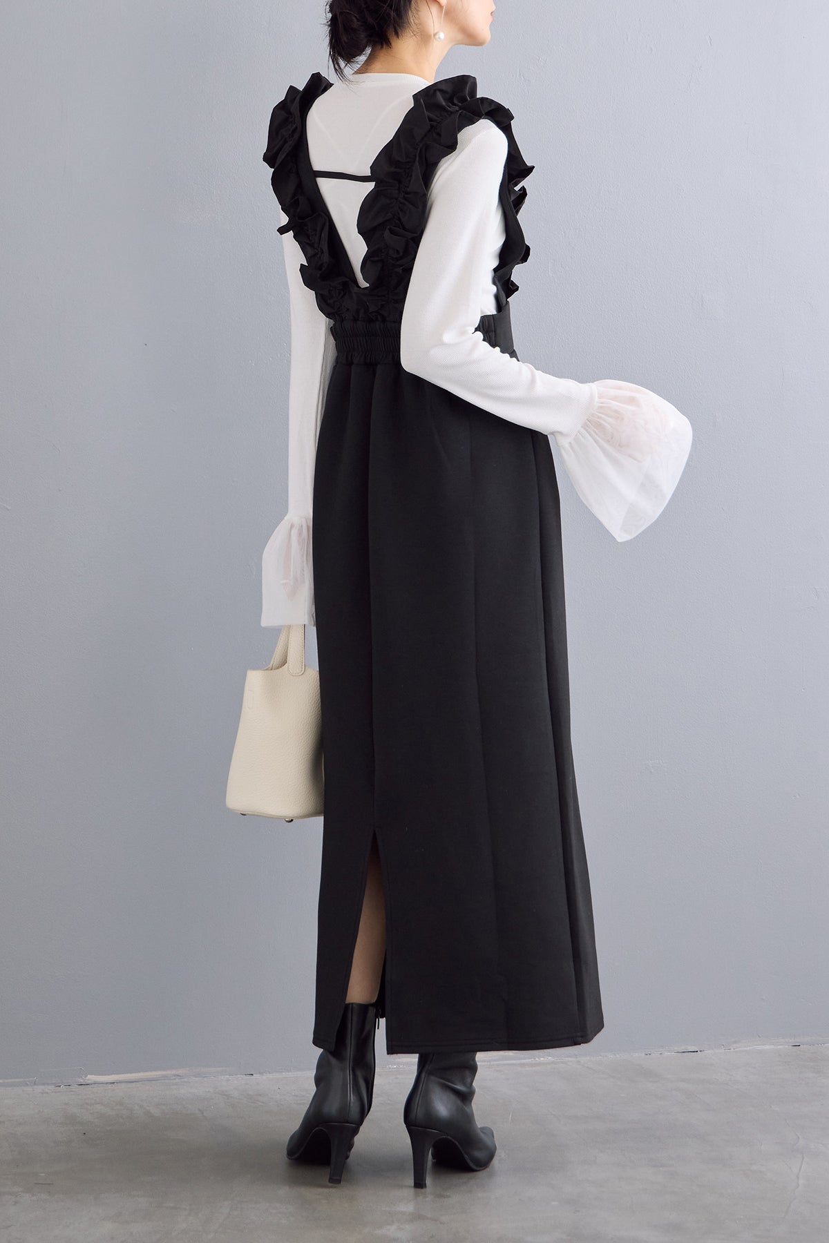 予約/SET]チュールシアーカフスリブニット+異素材フリルショルダー