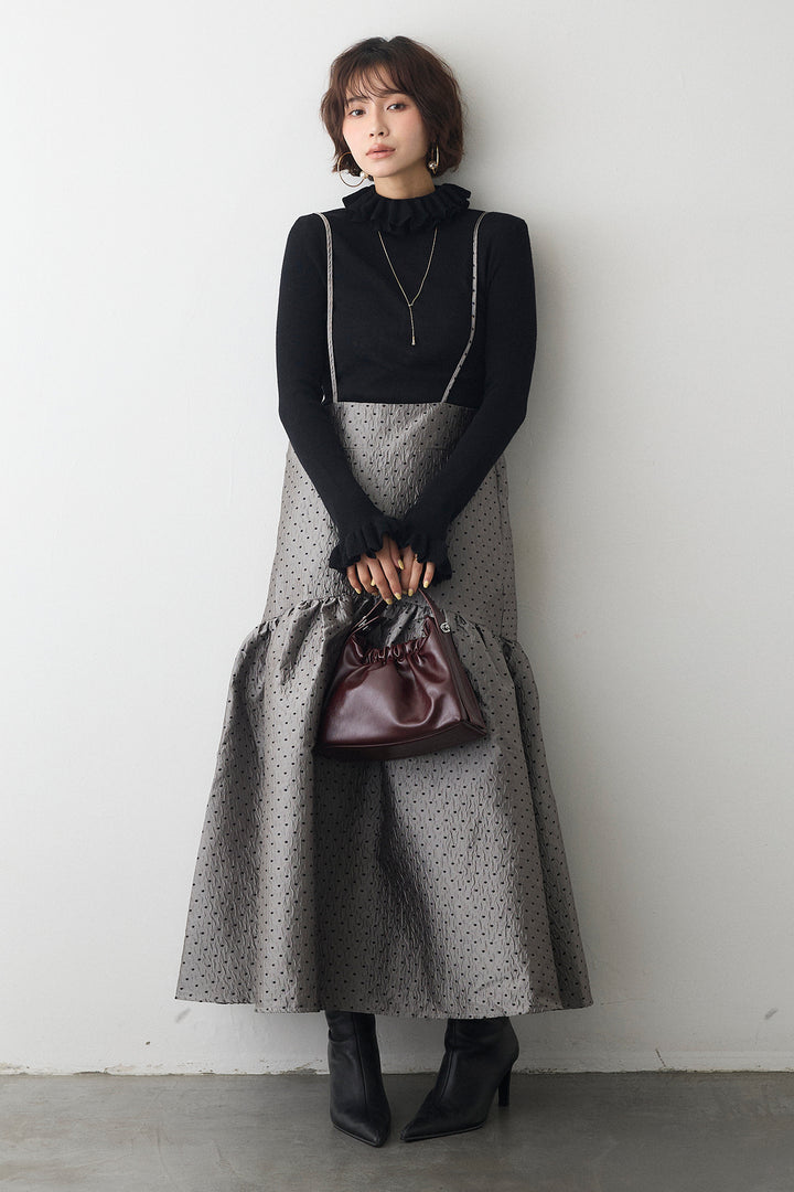 [予約/SET]ダブルフリルカラーニットプルオーバー+ドットジャガードギャザーフレアスカート(2set)