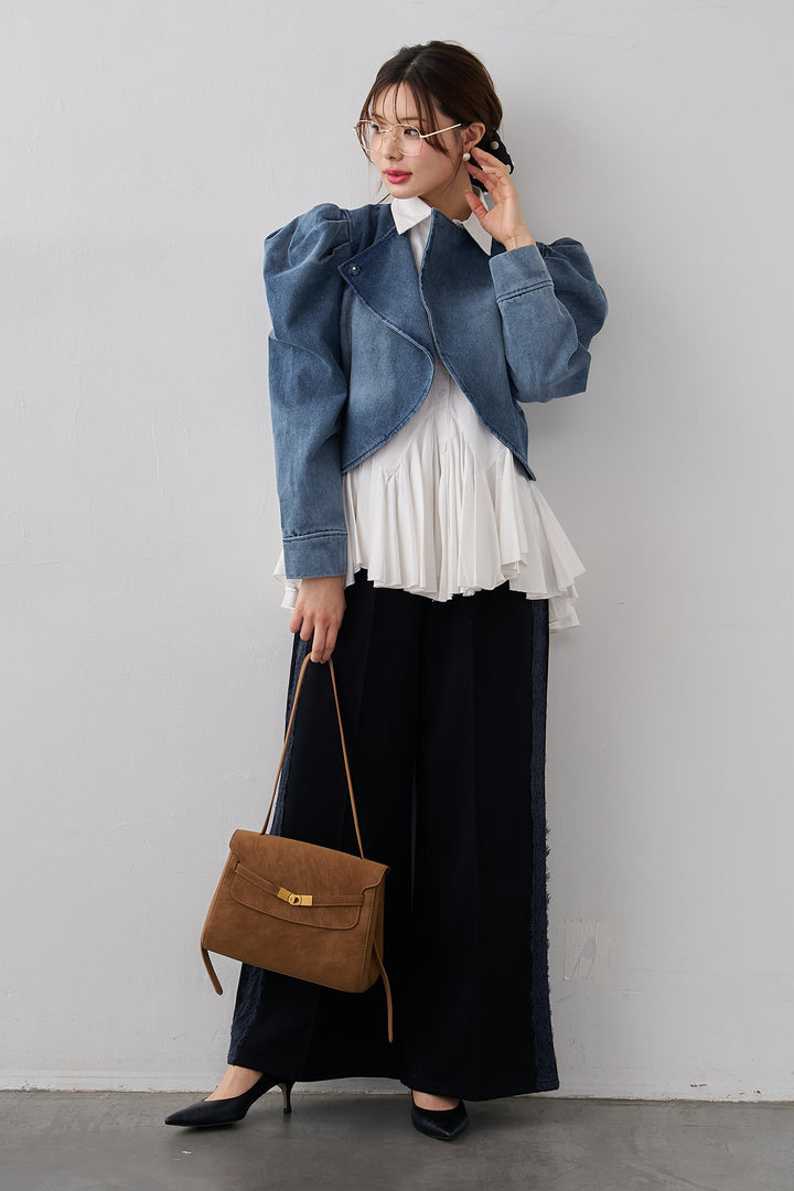 [予約/SET]パネルフレアヘムシャツ+パフスリーブショートデニムジャケット+サイドレースWフェイスカットソーパンツ(3set)