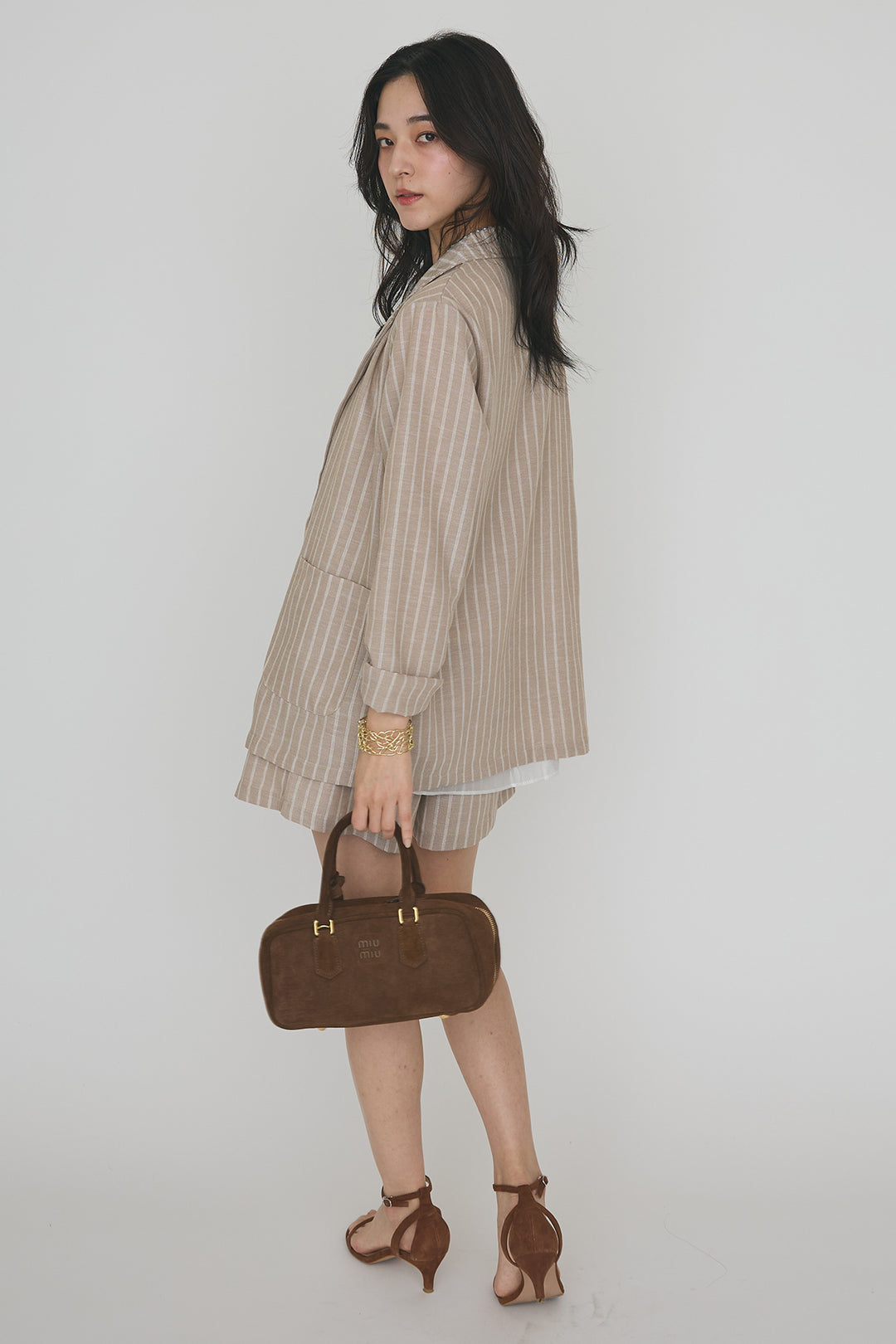 [予約/SET]ドライタッチオーガンジー切替タンクトップ+ストライプライトジャケットセットアップ(2set)