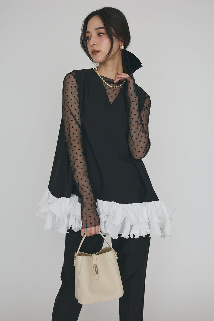 [予約/SET]シアードットフロッキートップス+異素材フリルヘムVネックチュニック+タックテーパードパンツ(3set)