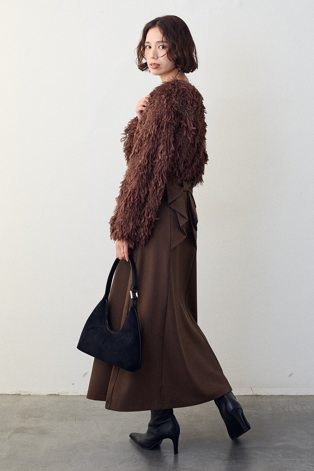 [予約/SET]フリンジラメシャギーニットプルオーバー+バックリボンセミフレアスカート(2set)