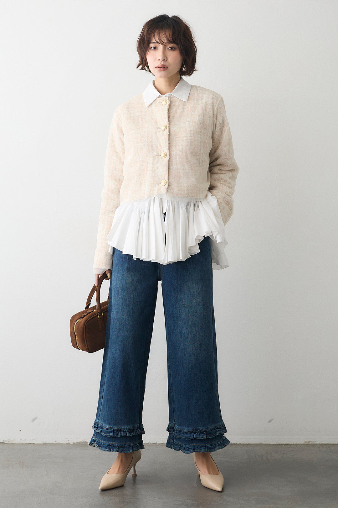 [予約/SET]ツイード×チュールレイヤードクロップドジャケット+フリルヘムデニムパンツ(2set)