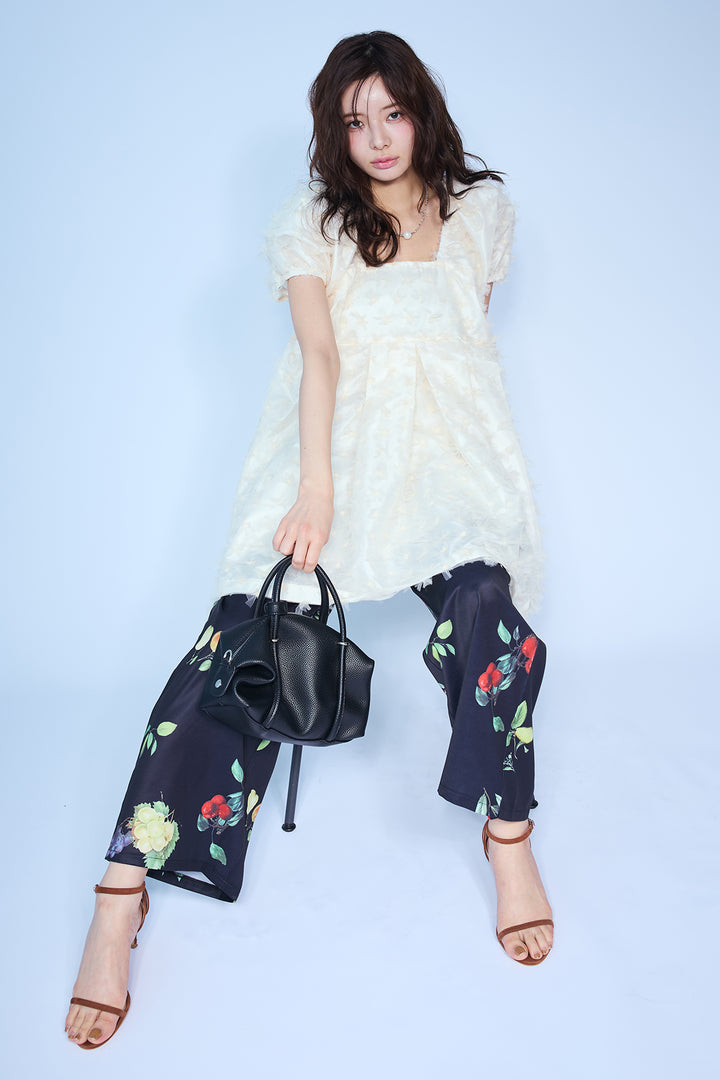[予約/SET]フラワージャカードパフスリーブチュニック+フルーツパターンストレートパンツ(2set)